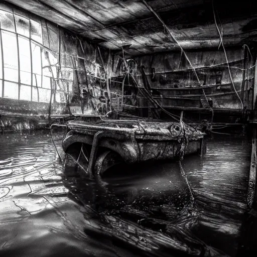 Prompt: the interior of a flooded rusty shipwreck, dark, scary lighting, scary, creepy, eerie, horror, submechanophobia, murky water, photo,