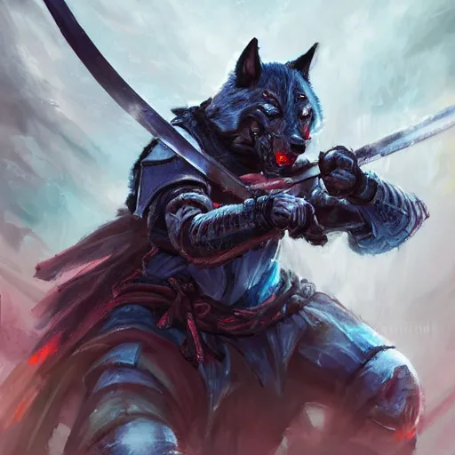 Prompt: anthropomorphic Azure samurai wolf, DnD character art portrait, fantasy battleground, raining, fire, oil painting, heroic pose, magic the gathering artwork, D&D, fantasy, cinematic lighting, centered, symmetrical, highly detailed, digital painting, artstation, concept art, smooth, sharp focus, illustration, volumetric lighting, epic Composition, 8k, art, DeviantArt, trending on Artstation, Jason Felix, Steve Argyle, Tyler Jacobson, Peter Mohrbacher, Akihiko Yoshida, Greg Rutkowski, Craig Mullins, Frank Frazetta, cinematic lighting