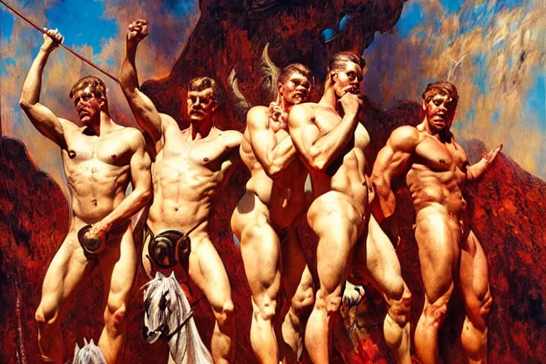 Image similar to the four horsemen of the apocalypse, painting by tom of finland, gaston bussiere, craig mullins, j. c. leyendecker