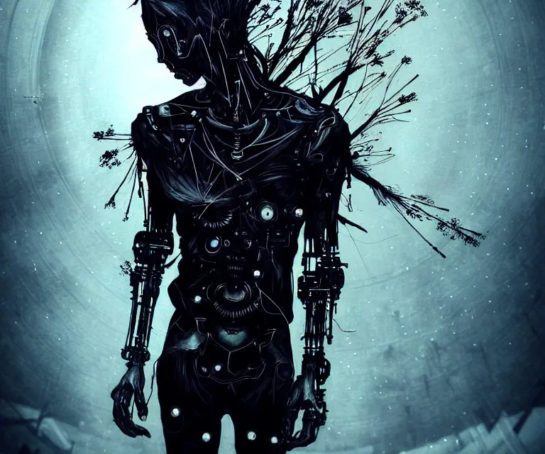 Image similar to gothic boy hybrid cyborg wearing cybor clothes, mysterious, atmospheric, ominous, eerie, cinematic, epic, 8 k, ultra realistic, rendered by awesomeness. | nights falling wind is blowwing snow is pilling concept art in style of carne griffiths artwork by xsullo. | backround of beautiful floweres floatingby elson, peter kemp, peter