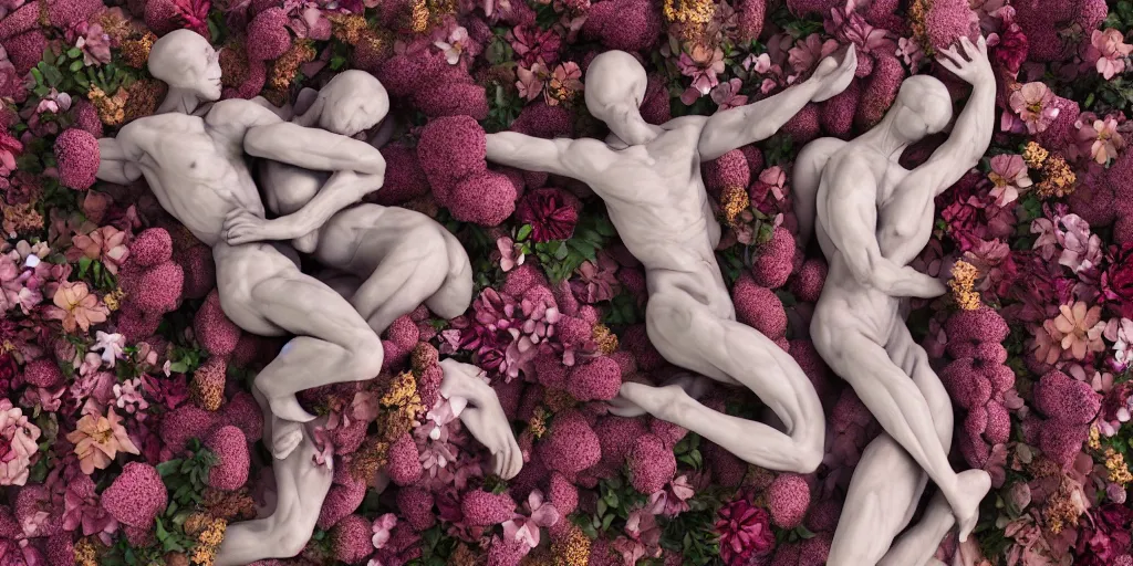 Image similar to a sculpture of human bodies intertwined, a lovely cornucopia of flowers and human body parts, body parts, highly detailed, octane render, cinematic ， - h 7 6 8