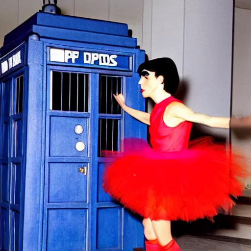 Prompt: color photo of spock in a tutu exiting the tardis
