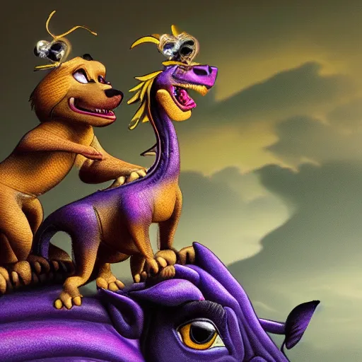 Image similar to super - detailed timon & pumba riding a purple dragon in a storm, ultrarealistic, highly detailed, soft colors