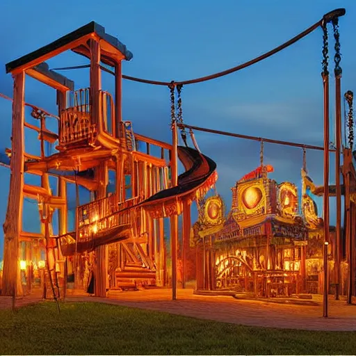 Image similar to enormous, never-ending wooden structure with slides, swings, and many-storied equipment at dusk by Thomas Kincade