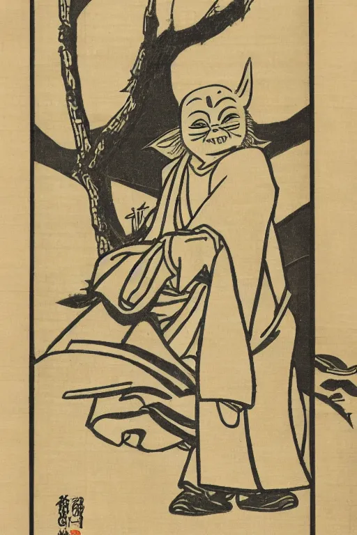 Prompt: Japanese woodblock print of Yoda, Utagawa Yoshitora