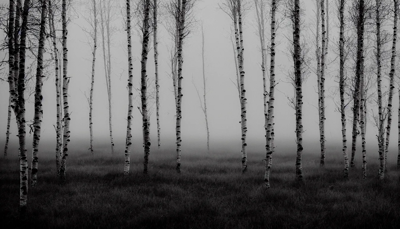 Prompt: highlands curvy horizon birches grassy foggy flooded swamp dark atmospheric scary ambient vibe very detailed black and white 8 k