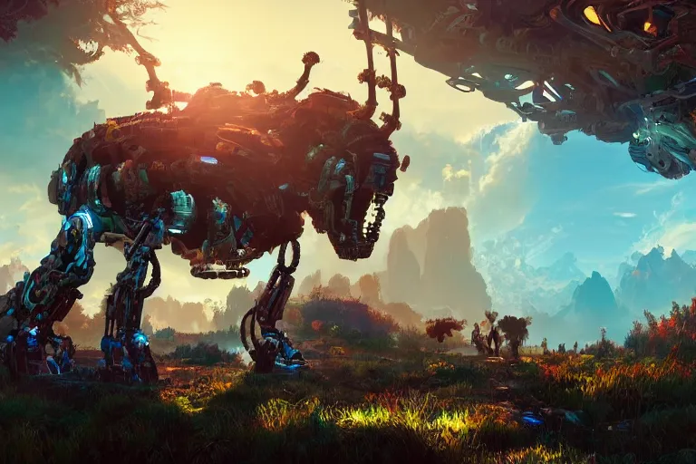 Image similar to snapmaw machine mecanical creature robot of horizon forbidden west horizon zero dawn bioluminiscence global illumination ray tracing hdr fanart arstation by ian pesty and alena aenami artworks in 4 k