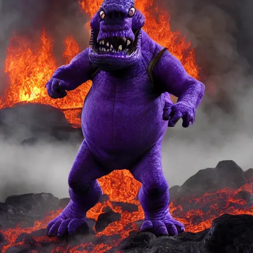 Image similar to barney the purple dinosaur burns in the lava of mount doom clutching the one ring