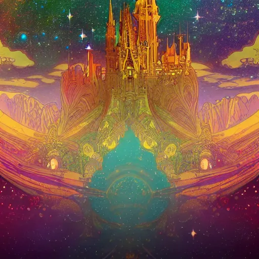 Image similar to a beautiful highly detailed digital art of colorful castle nebulas by, moebius, alphonse mucha, stars in the background, highly detailed, intricate design, cinematic view, 8 k resolution, octane render, matte painting, trending on artstation