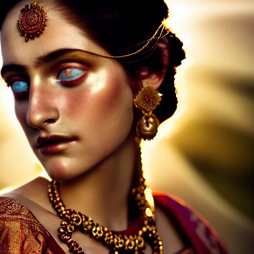 Image similar to photographic portrait of a stunningly beautiful renaissance female in traditional sari dress, white irises and dark eye makeup, in soft dreamy light at sunset, god rays, contemporary fashion shoot, by edward robert hughes, annie leibovitz and steve mccurry, david lazar, jimmy nelsson, extremely detailed, hyperrealistic, perfect face, octane render