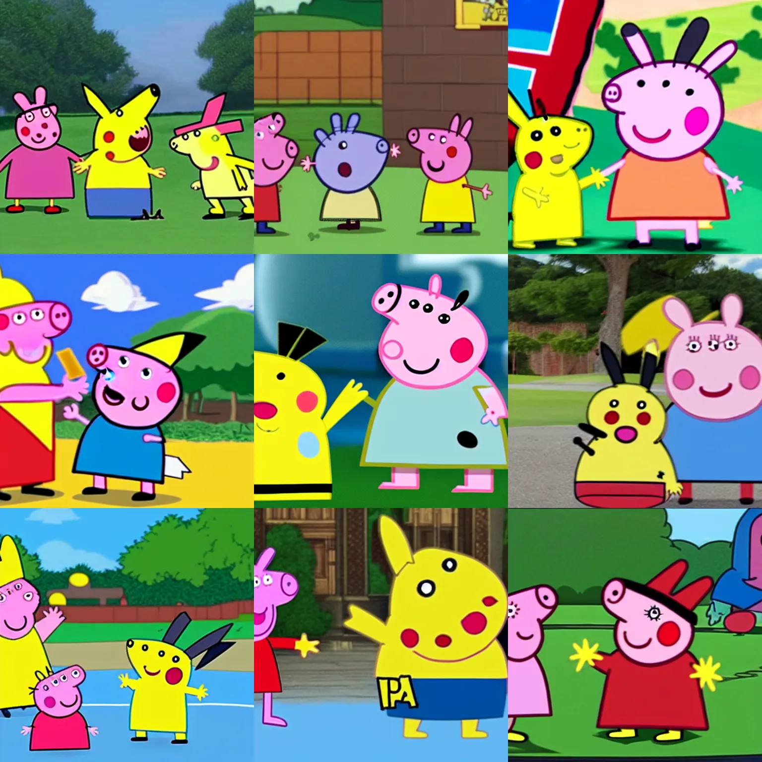 Prompt: peppa pig battling pikachu in an episode of pokemon