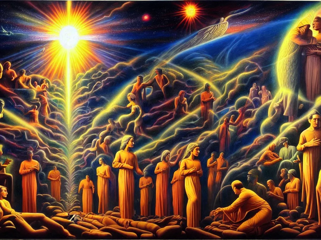 Image similar to a beautiful scenery of humanity evolving into god like beings, spiritual science, divinity, utopian, by david a. hardy, wpa, public works mural, socialist