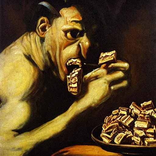 Prompt: saturn devouring a snickers bar, goya painting, in the style of goya, in the style of black paintings, highly realistic