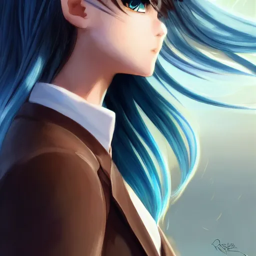 Image similar to profile shot of rimuru tempest, sky blue, straight hair, long bangs, amber eyes, wearing a black jacket!! with white stripes, high collar, highly detailed, unreal engine 5, digital painting, cinematic, wlop | artgerm, pixiv, yoshitaka amano, greg rutkowski, ilya kuvshinov, andy warhol