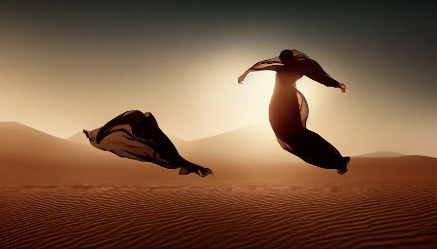 Image similar to arab woman in niqab floating mid - air in the desert, light, shadows, rippling reflections, steam, epic composition, intricate, elegant, volumetric lighting, digital painting, highly detailed, artstation, sharp focus, illustration, concept art, ruan jia, steve mccurry