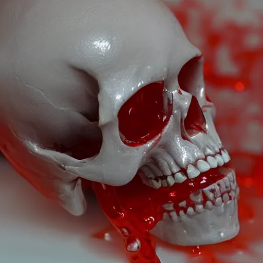 Prompt: transparent red liquid inside in a transparent skull, alex petruk, dripping