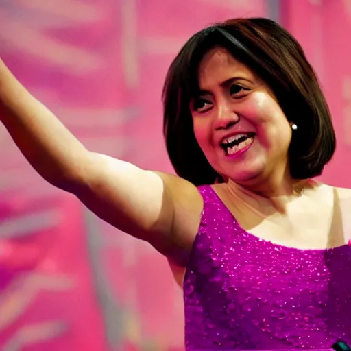 Prompt: Leni Robredo on a stage, wearing a pink dress, waving to thousands of people, trending on artstation