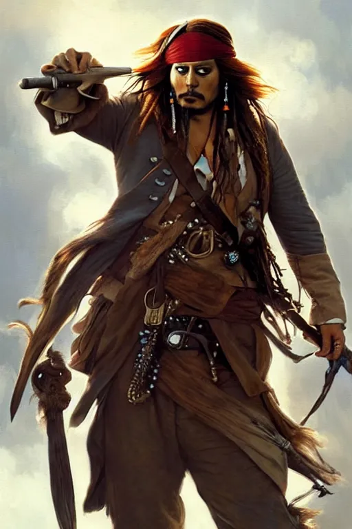 Image similar to Boris Johnson as Captain Jack Sparrow, Boris Johnson hairstyle, masculine figure, highly detailed, digital painting, artstation, concept art, smooth, sharp focus, illustration, cinematic lighting, art by artgerm and greg rutkowski and alphonse mucha