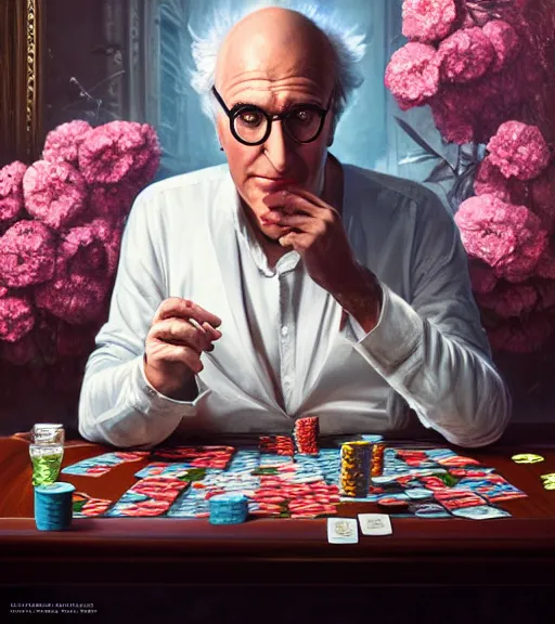 Image similar to portrait of larry david of the underworld playing poker, surrounded by flowers by karol bak, james jean, tom bagshaw, rococo, trending on artstation, cinematic lighting, hyper realism, octane render, 8 k, hyper detailed.