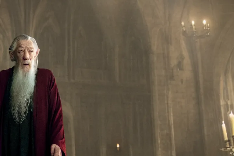 Prompt: film still of Ian McKellen as Albus Dumbledore in Harry Potter movie