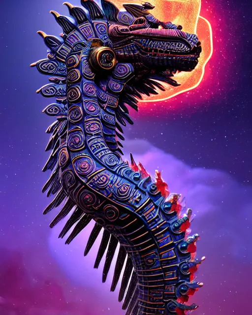 Image similar to 3 d ornate carved dark cosmic horse withfull body, sigma 5 0 0 mm f / 5. beautiful intricate highly detailed quetzalcoatl skull. bioluminescent, plasma, lava, ice, water, wind, creature, thunderstorm! artwork by tooth wu and wlop and beeple and greg rutkowski, 8 k trending on artstation