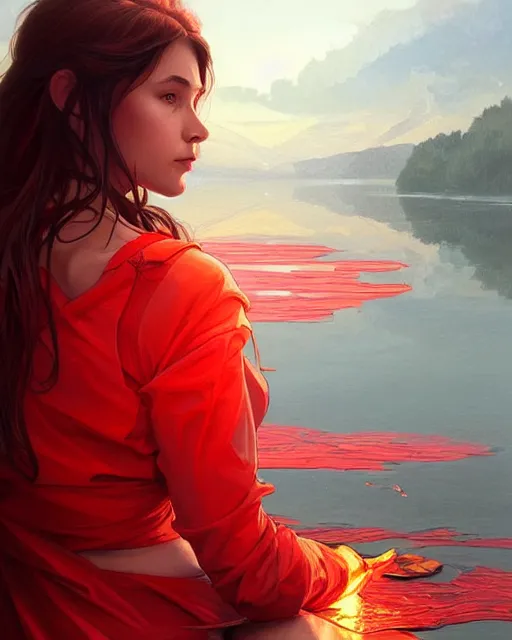 Image similar to emily rajtkowski, lake, red, flames everywhere!!!!!!!!!!!, highly detailed, digital painting, artstation, concept art, smooth, sharp focus, illustration, art by artgerm and greg rutkowski and alphonse mucha