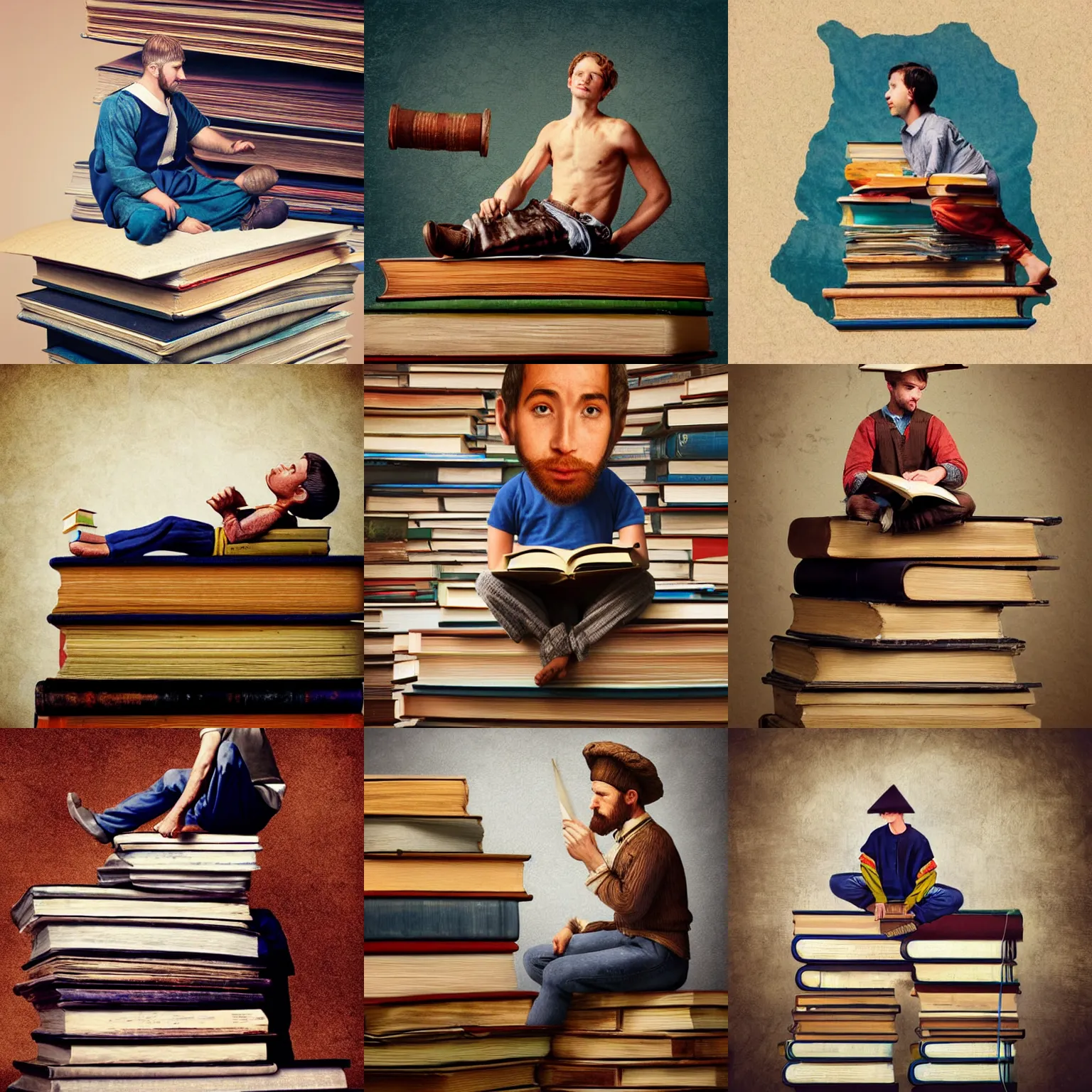Prompt: digital painting of a miniature male peasant sitting on top of a stack of huge books, a stock photo by oleg oprisco, cg society contest winner, academic art, extreme long shot, sigma 1 0 5 mm f 2., stockphoto, storybook illustration, artwork by wlop, artgerm