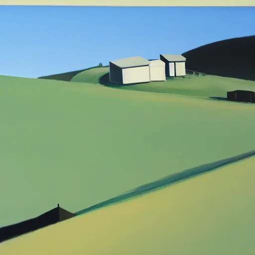 Image similar to dreaming futuristic rural landscape with modern houses, painted by Alex Katz and Edward Hopper, airbrush, highly detailed