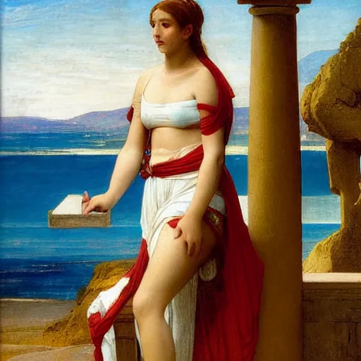 Prompt: A girl with ancient greek clothes on the front of a Balustrade with a beach on the background, major arcana, by paul delaroche, hyperrealistic