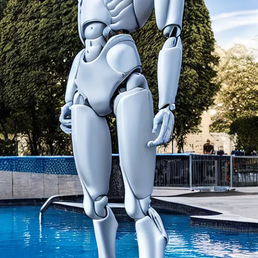 Image similar to made of ice, a realistic detailed photo of a guy who is an attractive humanoid who is half robot and half humanoid, who is a male android, on display, blank stare, showing off his muscles, shiny skin, posing like a statue, by the pool, frozen ice statue, f 1 driver pierre gasly, humanoid robot