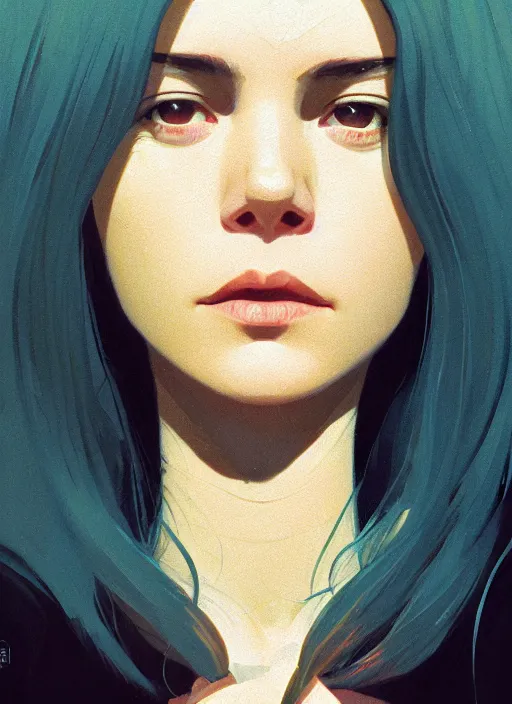 Image similar to a close up portrait film still of a depressed stunning actress from a 1 9 7 0 s italian pulp fiction film looking seriously at the camera lense. by stephen bliss, greg rutkowski, loish, rhads, makoto shinkai and lois van baarle, ilya kuvshinov, rossdraws, global illumination, ultra ornate detail