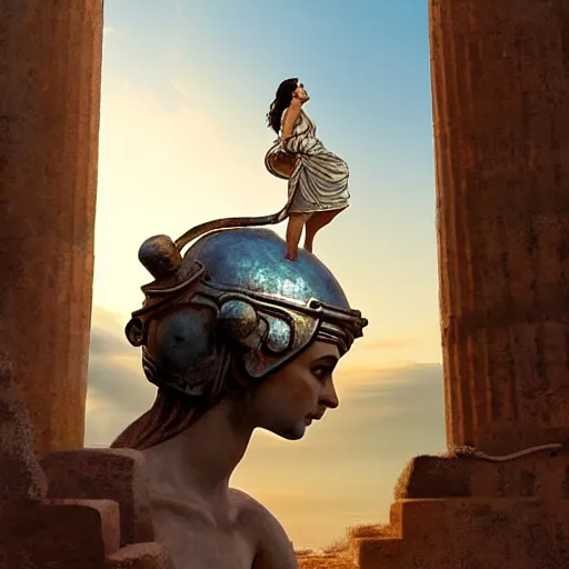 Image similar to tiny greek ancient woman in steel helmet standing on a giant greek ancient bearded man head, late afternoon light, greek temple of olympus glory island, wispy clouds in a blue sky, by frank lloyd wright and greg rutkowski and ruan jia