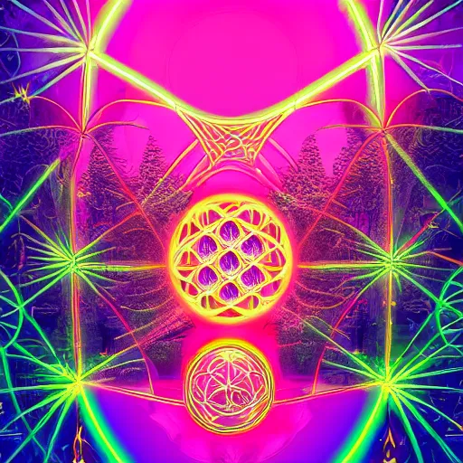 Prompt: mystical psychedelic poster with shaded lighting in the style of andriod jones, radiant light, detailed and complex environment, beautiful, utopic astral city in the sky with many buildings and temples reflecting a modern city on the ground with old growth pine trees, overlaid sacred geometry, flower of life, with implied lines, gradient of hot pink and neon baby blue