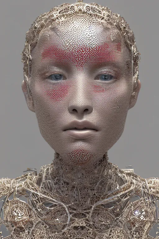 Prompt: a melancholic realistic 8k Sculpture of a complex robotic human face, liquid simulation, dramatic lighting, silver gold red details, hexagonal mesh wire, filigree intricate details, cinematic, fleshy musculature, white blossoms, elegant, octane render, art nouveau, 8k post-processing, intricate artwork by WLOP