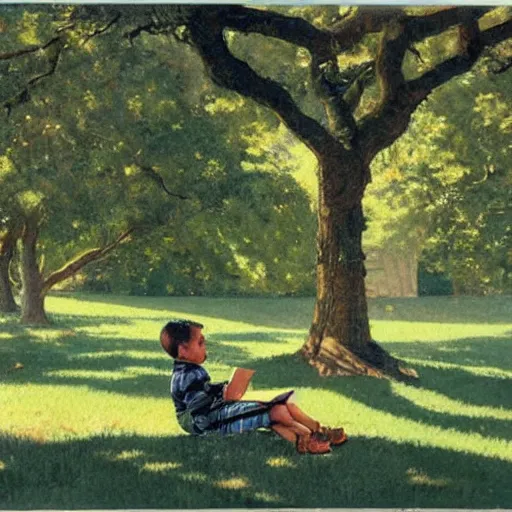 Image similar to a young boy reading a book about atoms sat in a public park, a sense of awe, warm dappled light, trees, in the style of norman rockwell