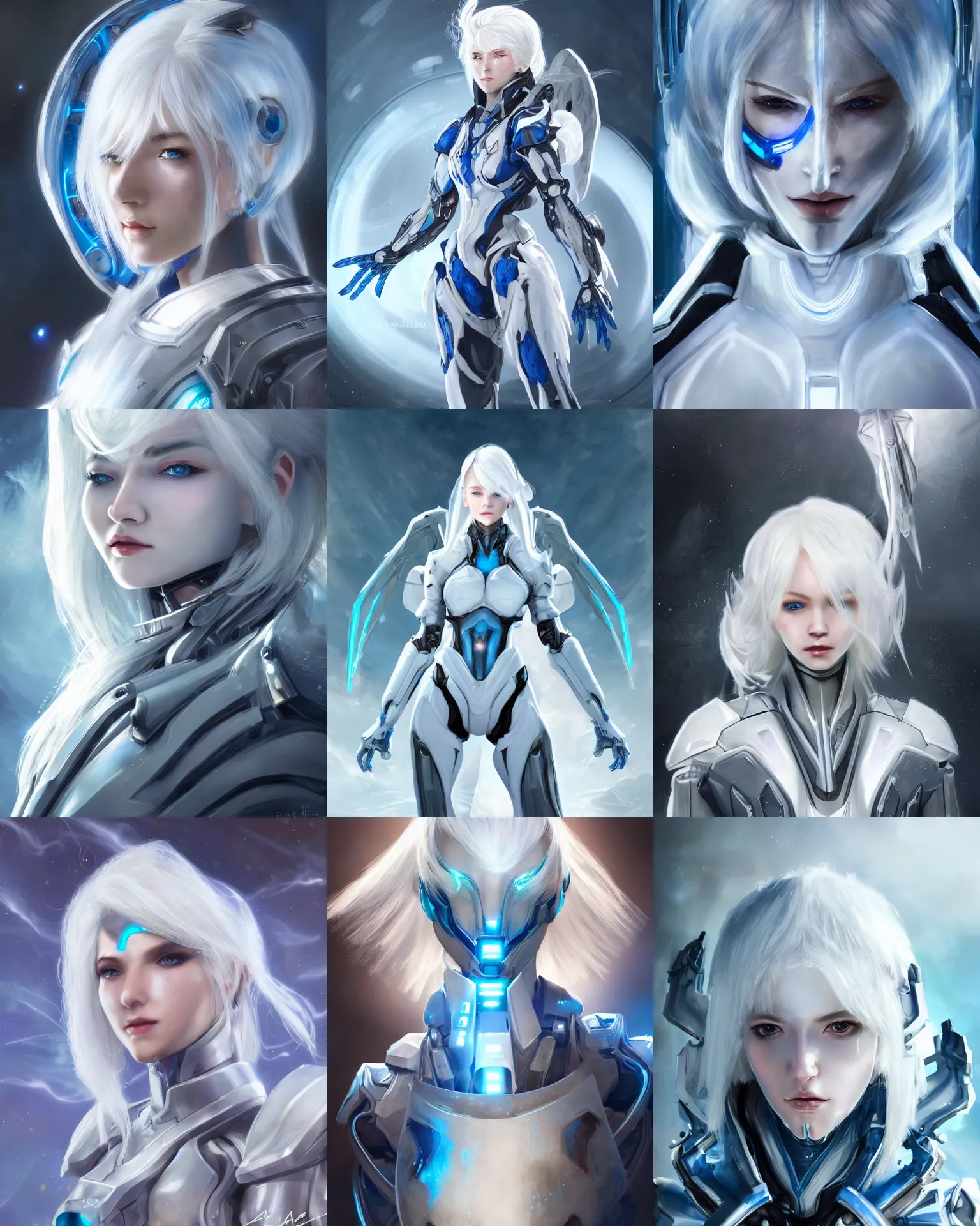 Prompt: perfect white haired girl, warframe armor, beautiful, dreamy, pretty face, blue cyborg eyes, goddess, bright light, scifi, windy weather, futuristic laboratory, ultra realistic, intricate, glow, angel,, extreme details, focused, masterpiece, art by seunghee lee, blair armitage