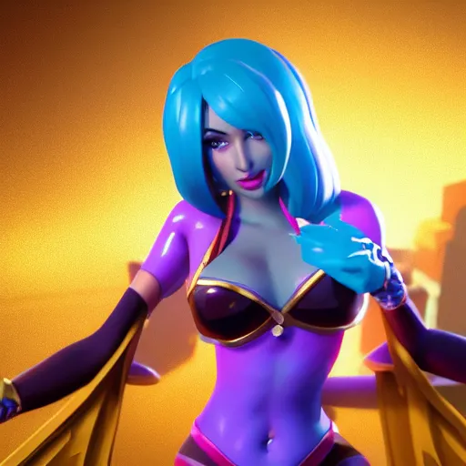 Image similar to still of pretty Sona (League of Legends) in KDA music video. 3d render, octane render, game art, realistic, highly detailed, trending on artstation, 4k, trending on artstation, pixar, cgsociety, unreal engine 5, redshift render, trending on artstation, blender, behance, cg