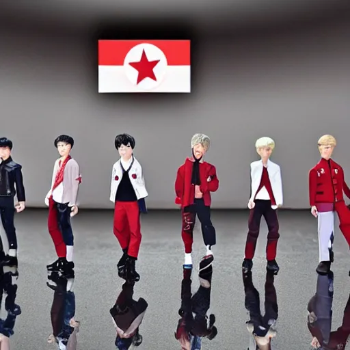 Prompt: bts boy band dolls on stage with screaming kim jong un octane render