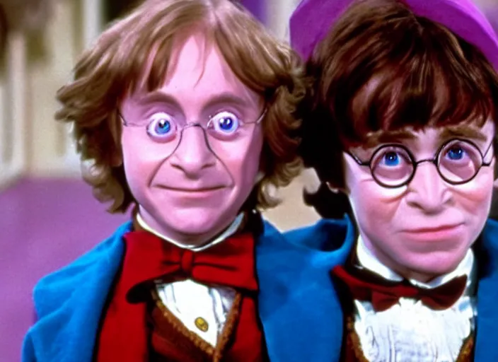 Prompt: film still of Harry potter as charlie in Willy Wonka's and the Chocolate Factory 1971
