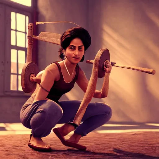 Image similar to indian woman doing squats, ultra realistic, concept art, intricate details, highly detailed, photorealistic, octane render, 8 k, unreal engine