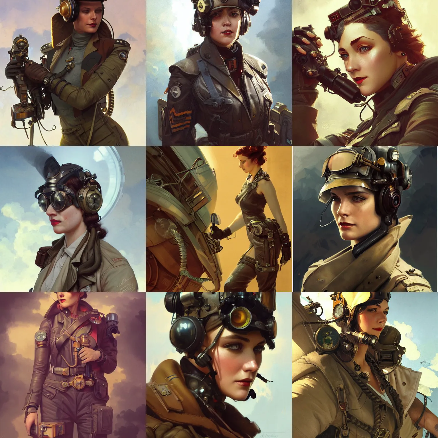 Prompt: dieselpunk pilot, portrait, highly detailed, digital painting, artstation, concept art, sharp focus, illustration, art by artgerm and greg rutkowski and alphonse mucha