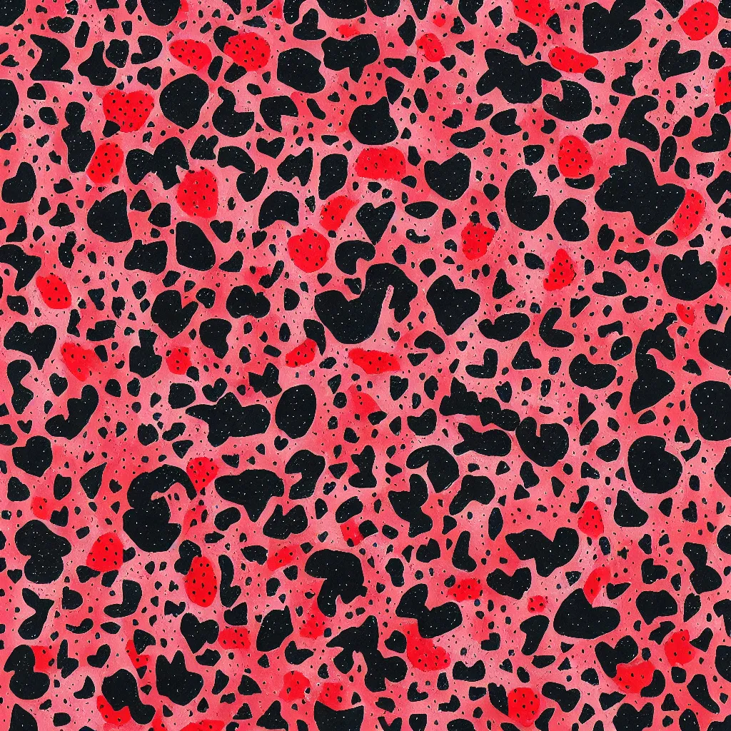 Image similar to camo made of strawberries, smiling, abstract, rei kawakubo artwork, cryptic, dots, stipple, lines, splotch, color tearing, pitch bending, color splotches, hearts, dark, ominous, eerie, minimal, points, technical, old painting