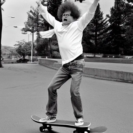 Prompt: Very cool photo of Channel 5's Dr. Steve Brule's cool uncle skateboarding.