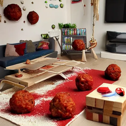 Image similar to spaghetti and meatballs shaped into a living room set