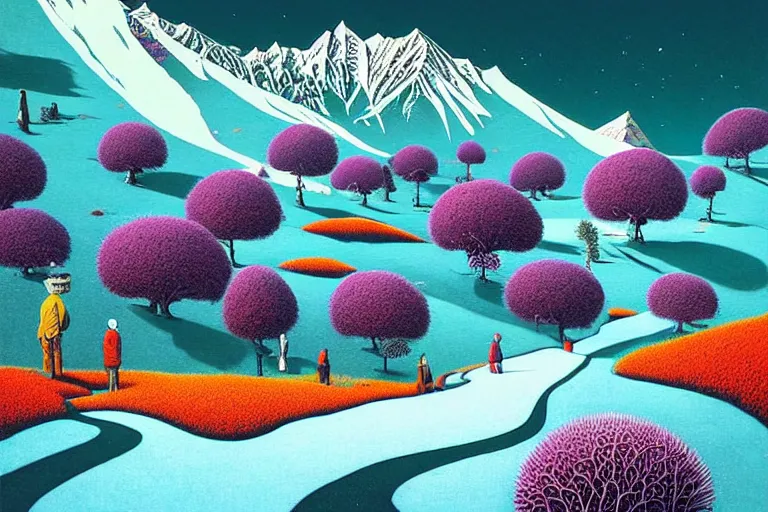 Image similar to surreal glimpse into other universe, himalaya with snow ice cream, summer morning, very coherent and colorful high contrast, art by!!!! gediminas pranckevicius!!!!, geof darrow, floralpunk screen printing woodblock, dark shadows, hard lighting, stipple brush technique,