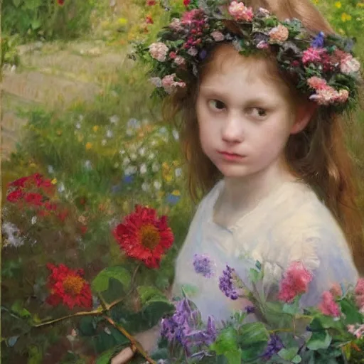 Prompt: a girl wearing a garland of flowers standing in the garden, beautiful, oil painting, artstation, soft light, highly detailed, sharp focus, by sophie anderson