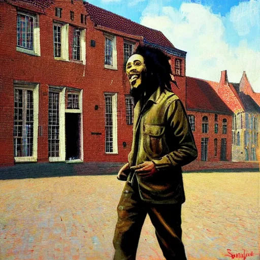 Prompt: bob marley walking in bruges, painted by scott listfield, sunny, happy