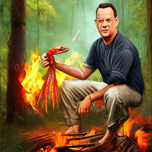 Image similar to Tom Hanks as forrest holding a giant shrimp on a stick over a campfire in the jungle, realistic digital painting, in the style of Aleksi Briclot, photoreailstic, realistic face, amazing detail, sharp