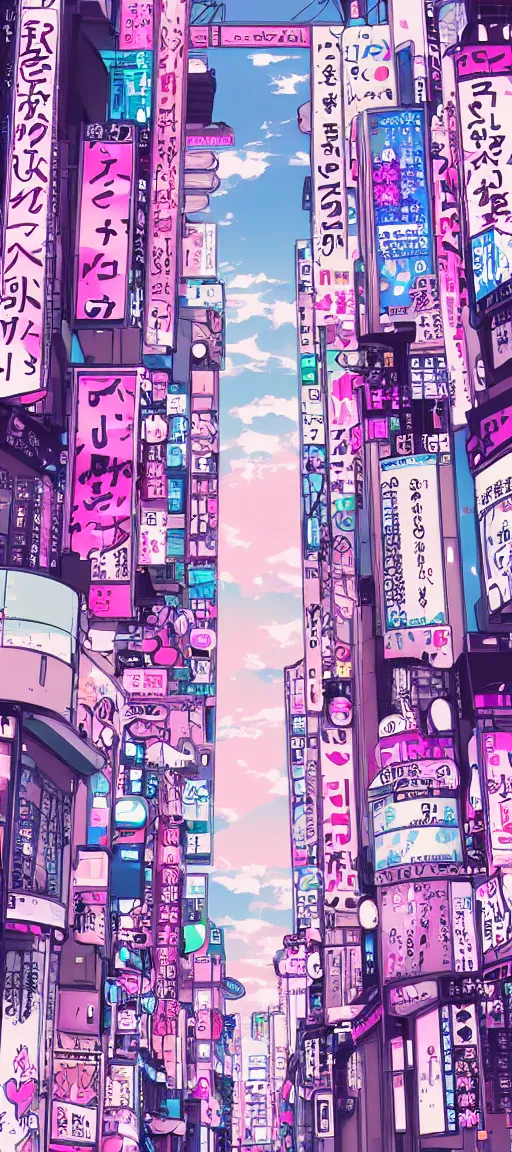 Image similar to beautiful anime! style vaporware tokyo japan, kawaii anime manga style, pink purple, illustration, minimal, neon pastel, akihabara