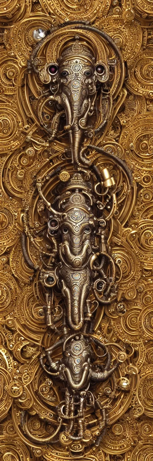 Image similar to seamless pattern of steampunk cybernetic biomechanical hindu god ganesha, 3 d model, very coherent symmetrical artwork, unreal engine realistic render, 8 k, micro detail, gold white plastic and steel intricate, elegant, highly detailed, digital painting, artstation, smooth, sharp focus, illustration, artgerm, tomasz alen kopera, wlop